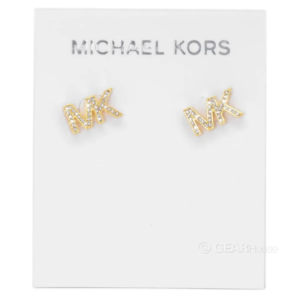 MICHAEL KORS Womens MK Logo Stud Earrings Pave Crystals Gold Tone Glitz - Picture 4 of 6